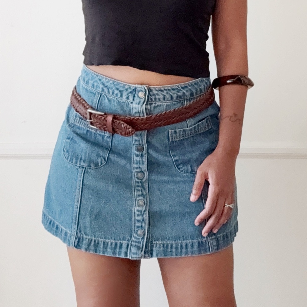 button front a-line denim skirt